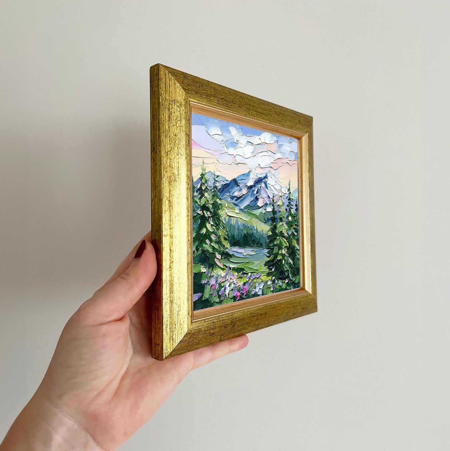 Framed Mount Rainier Painting – Original Impasto Oil Landscape, Gold Frame