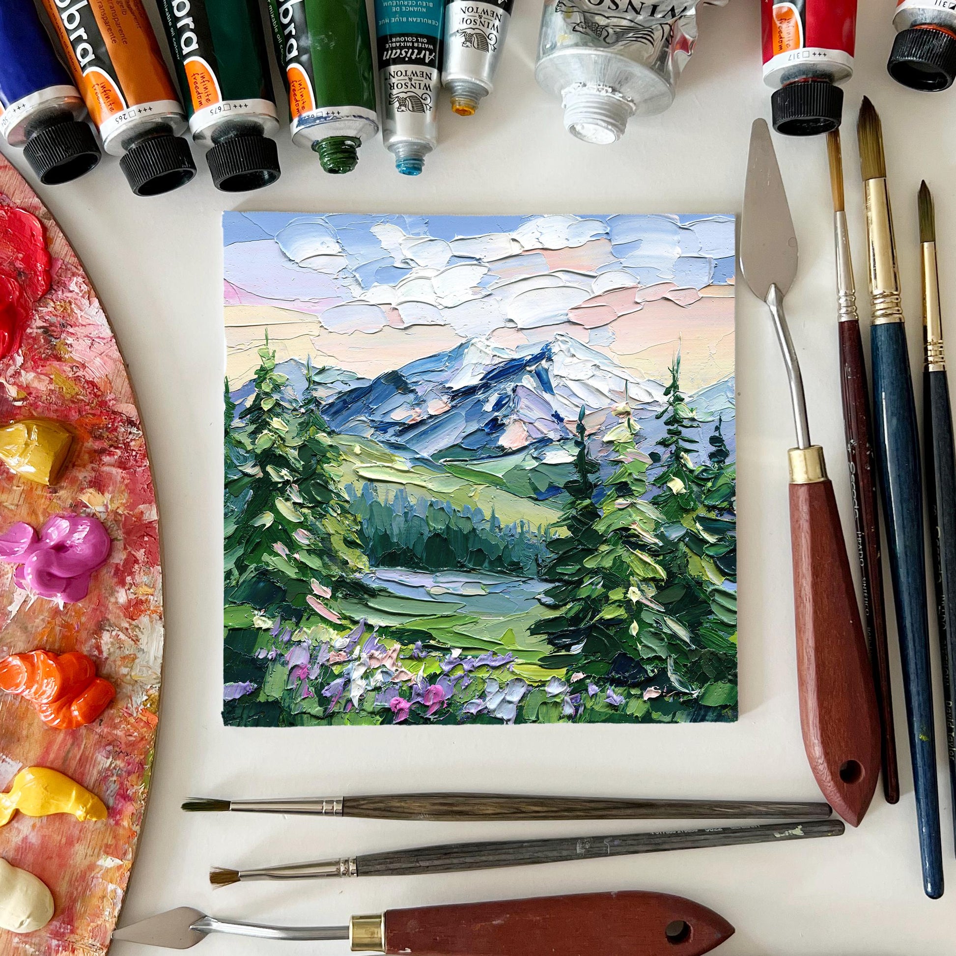 Mountains landscape oil painting: impasto sunrise scene with palette knife impressionist mountain art