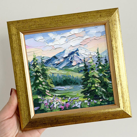Framed Mount Rainier Painting – Original Impasto Oil Landscape, Gold Frame