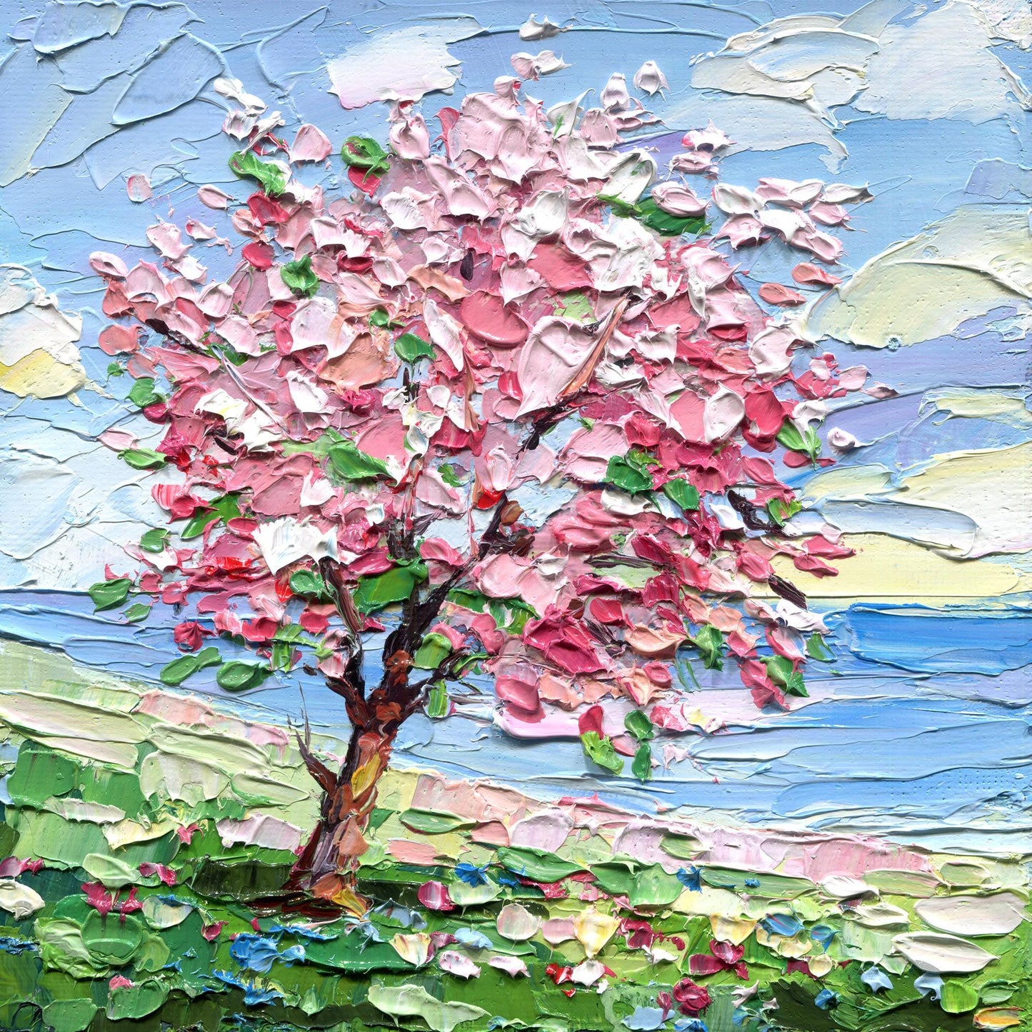 Spring Impasto Cherry Blossom Tree Oil Painting – Floral Landscape Art (6x6)