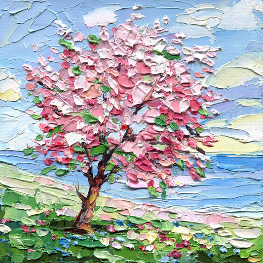 Spring Impasto Cherry Blossom Tree Oil Painting – Floral Landscape Art (6x6)