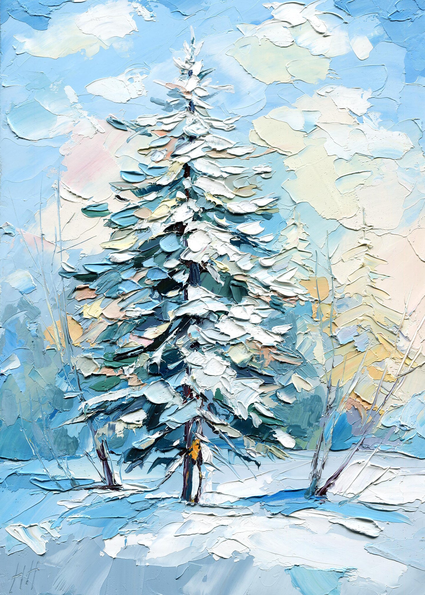 Christmas Impasto Pine Tree Oil Painting – Original Winter Landscape Art (8x12)