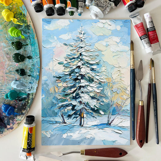 Christmas Impasto Pine Tree Oil Painting – Original Winter Landscape Art (8x12)