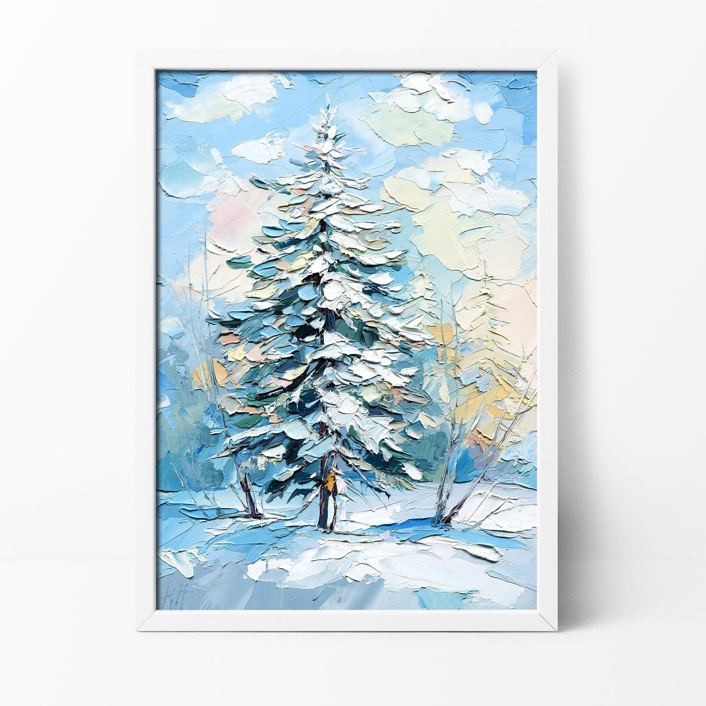 Christmas Impasto Pine Tree Oil Painting – Original Winter Landscape Art (8x12)
