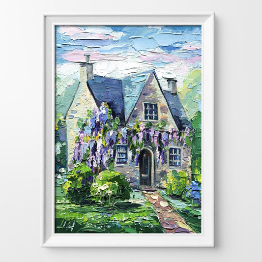 Cottage with Wisteria Oil Painting Impasto Small Impressionist Wall Art Floral Landscape Home Decor Irish Countryside Cozy House Gift