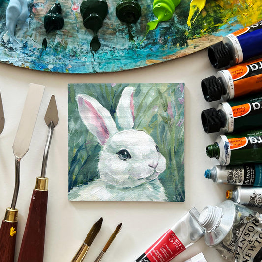 White Bunny Acrylic Painting – Original Animal Art, Small Canvas