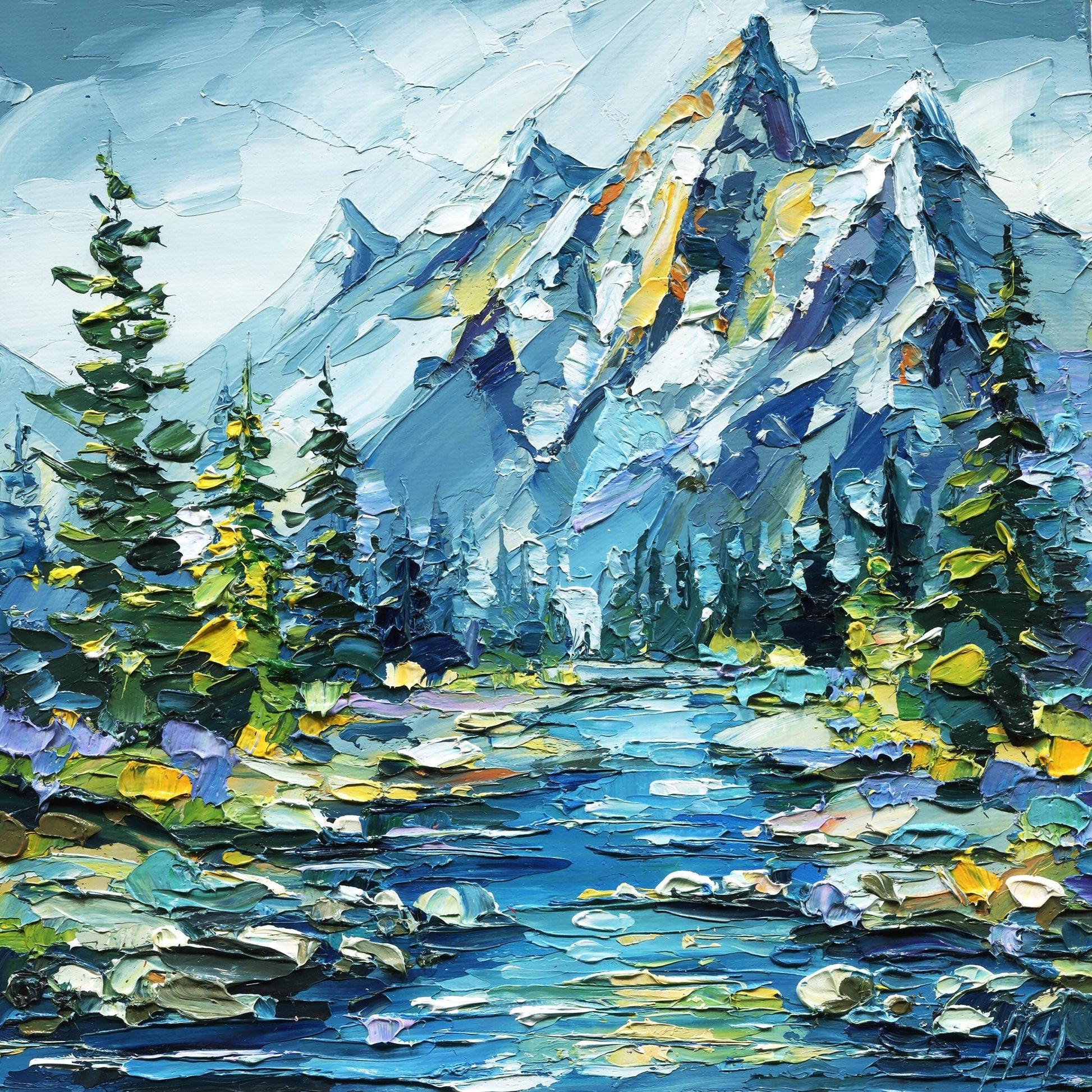 Painting of a mountain landscape with trees and a stream