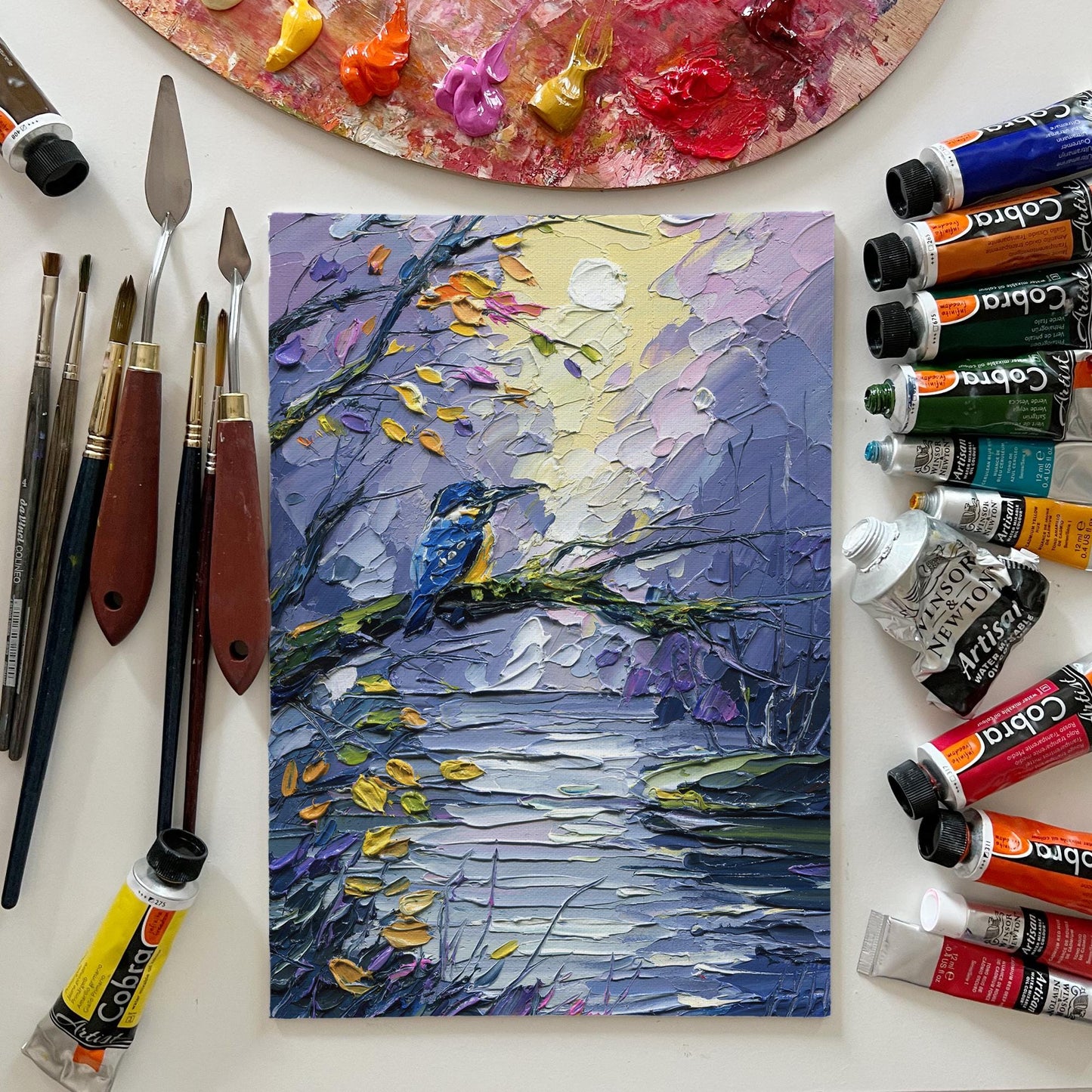 Kingfisher Oil Painting – Impasto Bird Art, Textured Lake Landscape