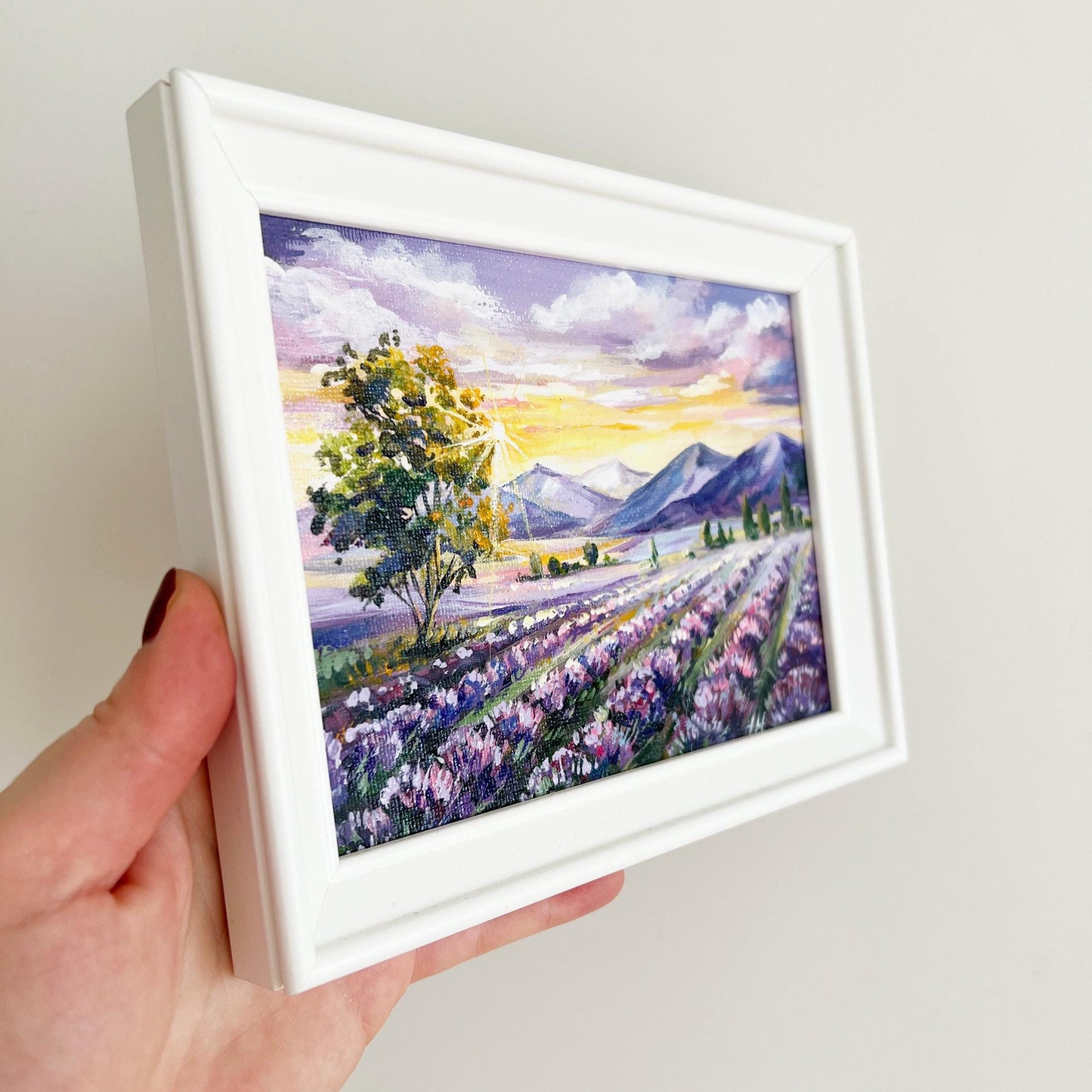 Framed Lavender Field Oil Painting – 5x7" Provence Impasto Landscape