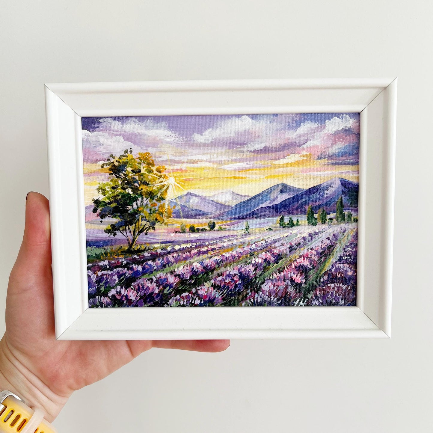 Framed Lavender Field Oil Painting – 5x7" Provence Impasto Landscape