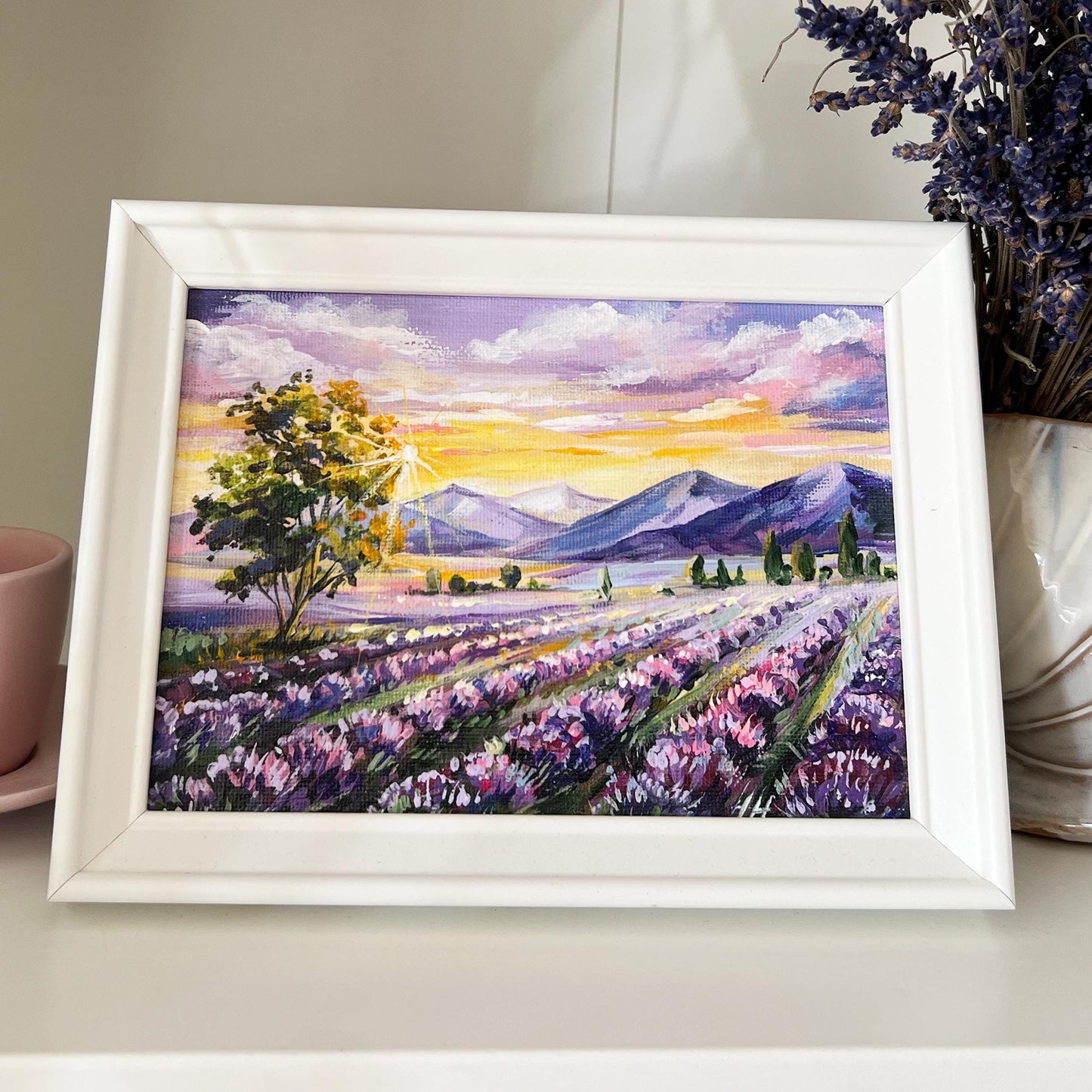 Framed Lavender Field Oil Painting – 5x7" Provence Impasto Landscape