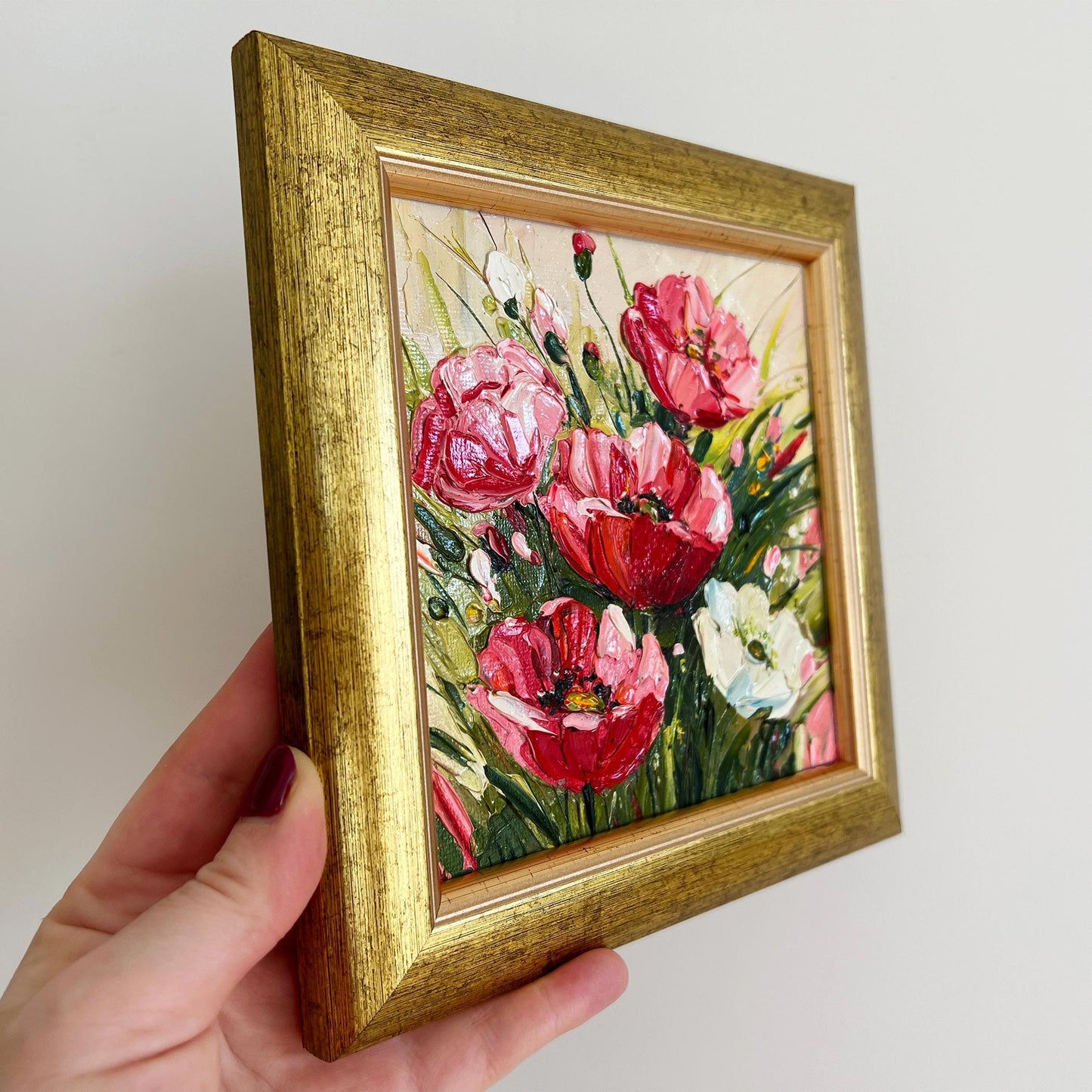 Framed Poppies Oil Painting – Impasto Floral Art, Gold Frame