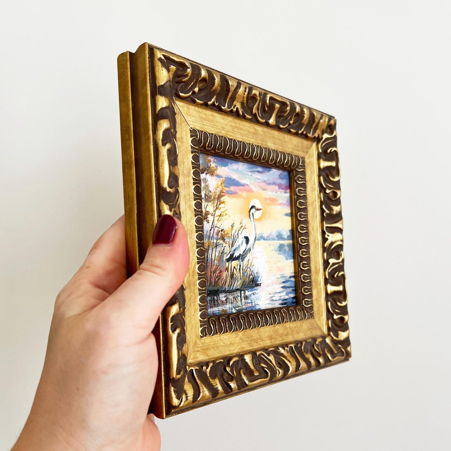 Framed Heron Oil Painting – Miniature Lake Sunset Impasto Art