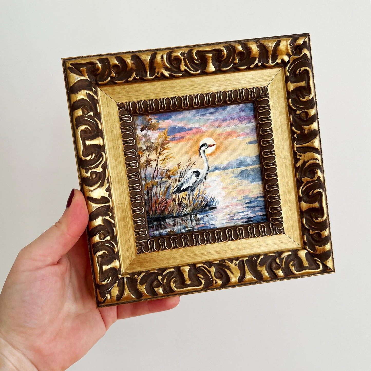 Framed Heron Oil Painting – Miniature Lake Sunset Impasto Art