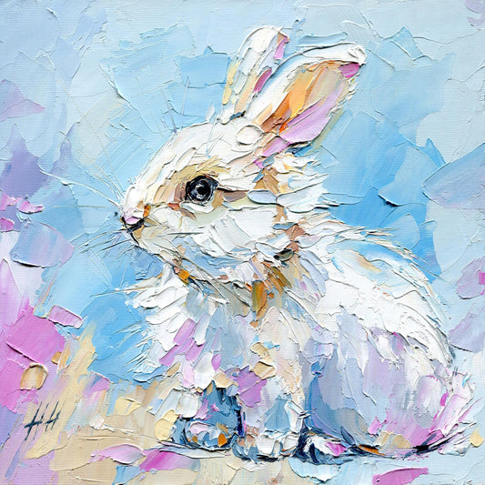 Christmas White Bunny Oil Painting – Impasto Palette Knife Art, Nursery Decor (8x8)