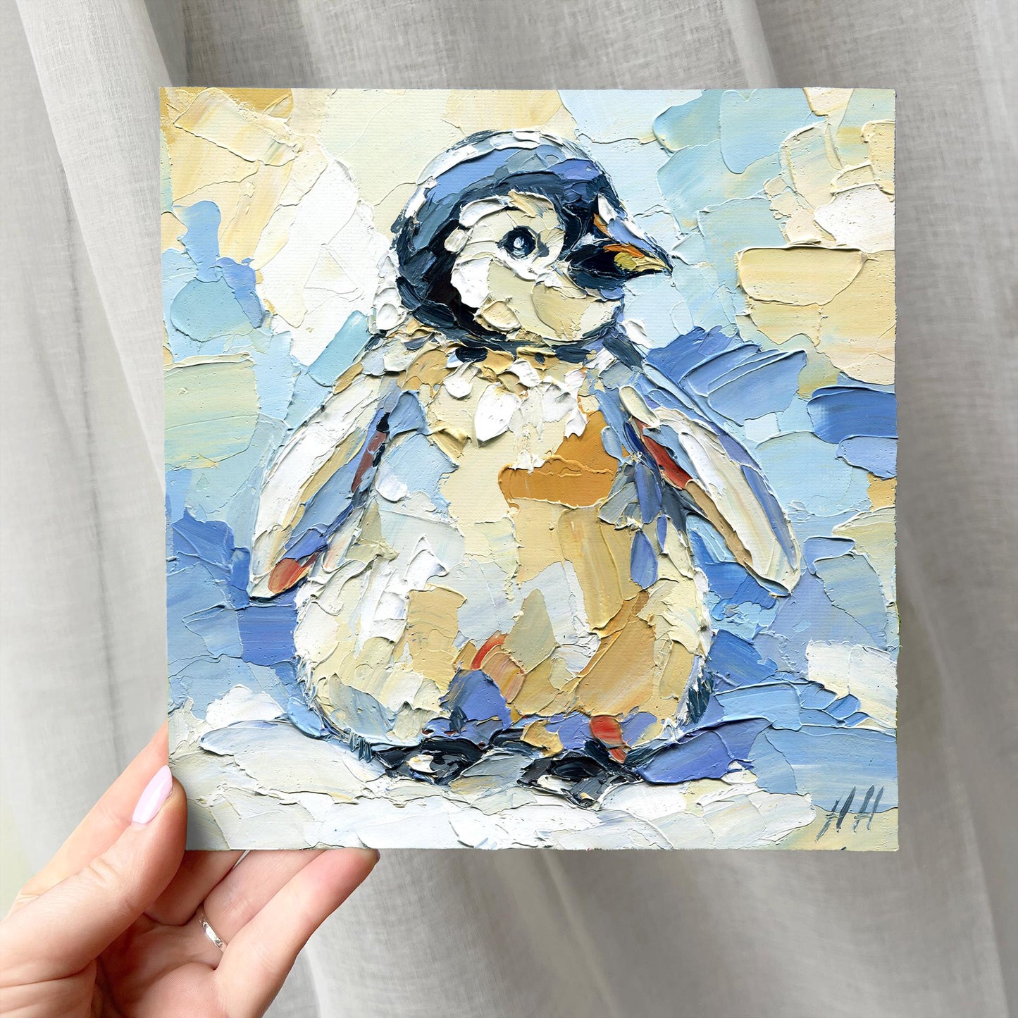 Christmas Original Oil Painting Baby Penguin – Impasto Arctic Animal Art, 8x8