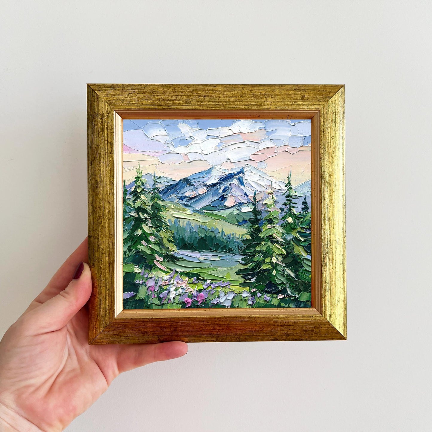 Mountains landscape oil painting: impasto sunrise scene with palette knife impressionist mountain art