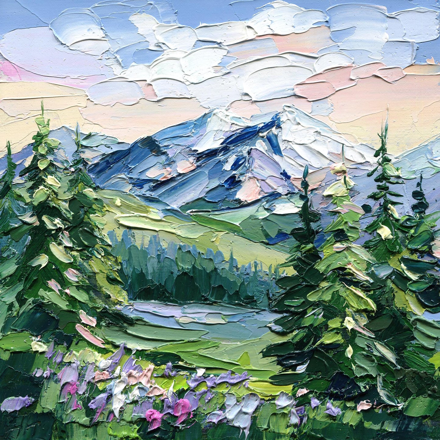 Mountains landscape oil painting: impasto sunrise scene with palette knife impressionist mountain art