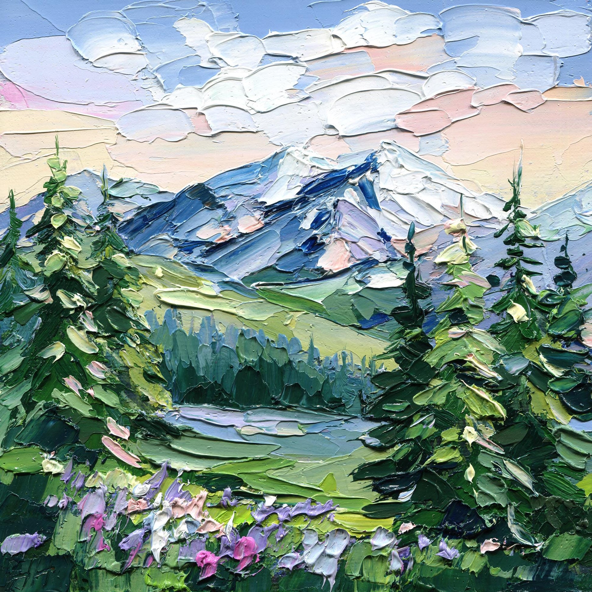 Mountains landscape oil painting: impasto sunrise scene with palette knife impressionist mountain art