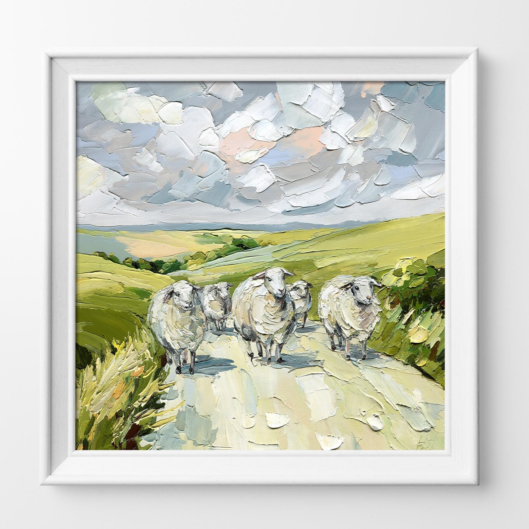 calming Irish countryside sheep textured oil painting by Hanna Art