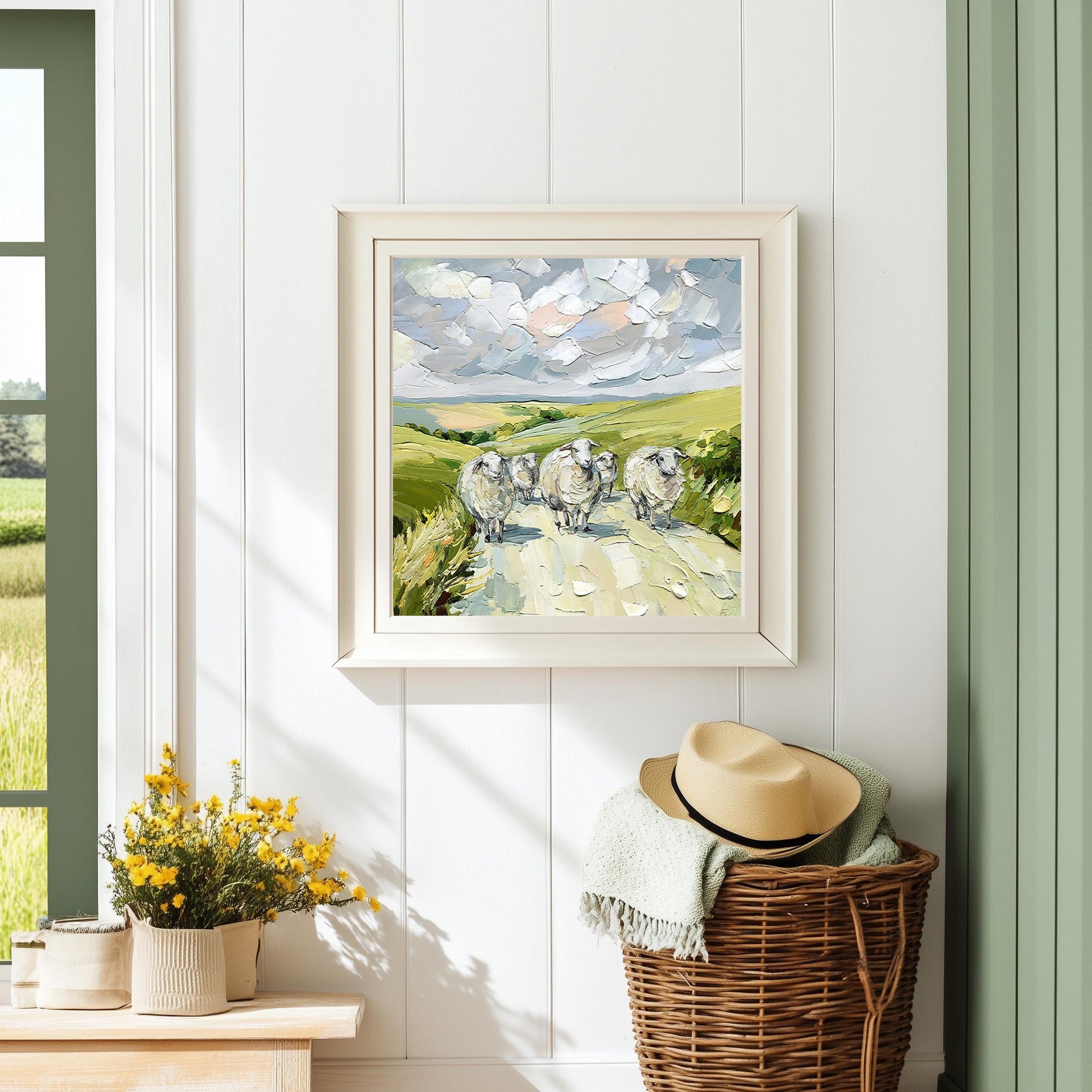 Nostalgic Irish green hills sheep original oil painting by Hanna Art