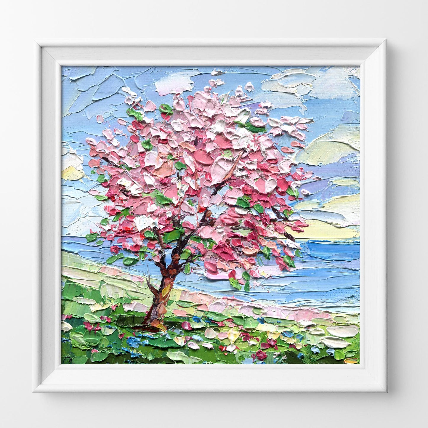 Spring Impasto Cherry Blossom Tree Oil Painting – Floral Landscape Art (6x6)