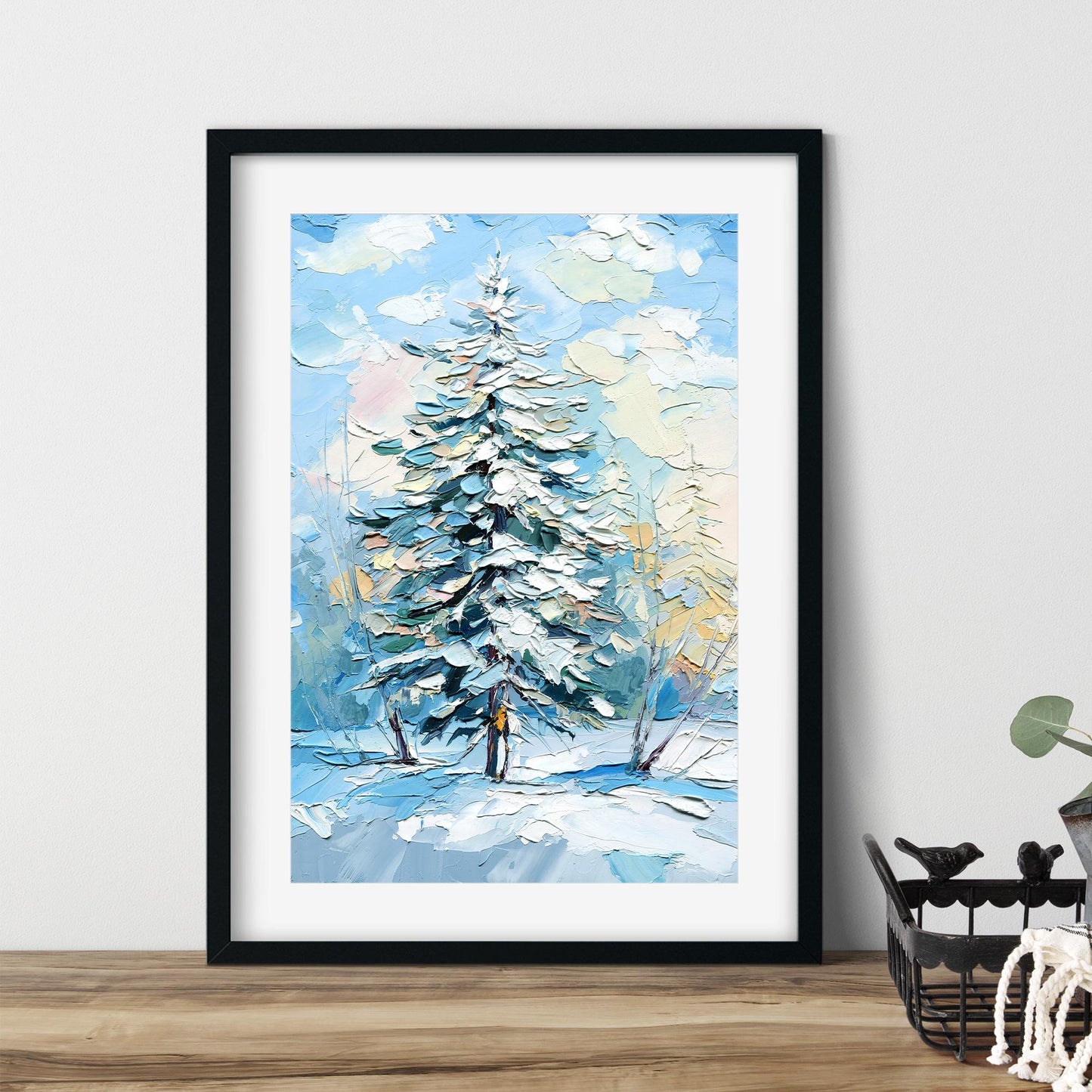 Christmas Impasto Pine Tree Oil Painting – Original Winter Landscape Art (8x12)