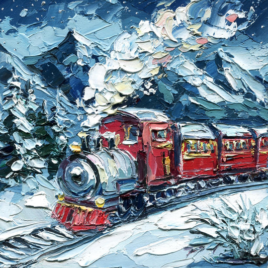 Christmas Train Painting – Winter Wall Art, Red Train Landscape, Holiday Home Decor, Christmas Gift, Small 6x6 Impasto Oil Painting