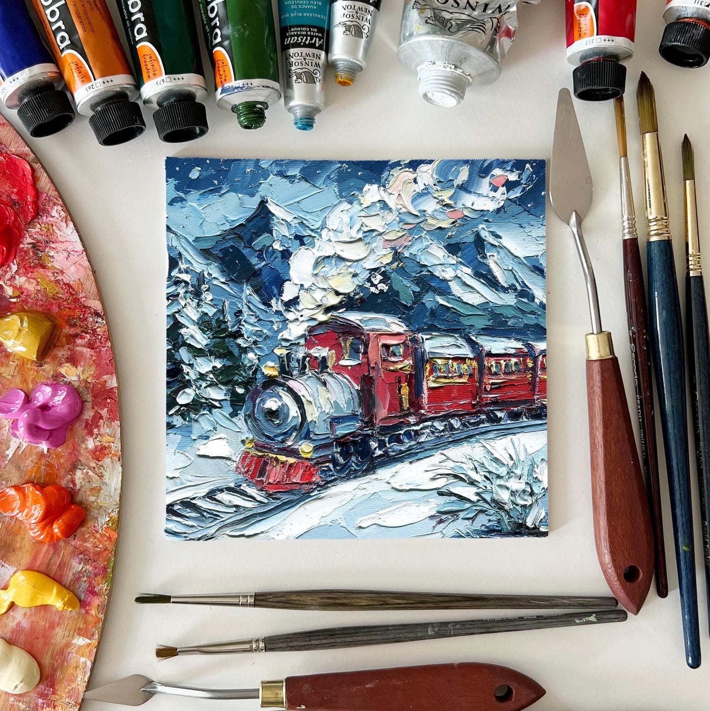 Christmas Train Painting – Winter Wall Art, Red Train Landscape, Holiday Home Decor, Christmas Gift, Small 6x6 Impasto Oil Painting