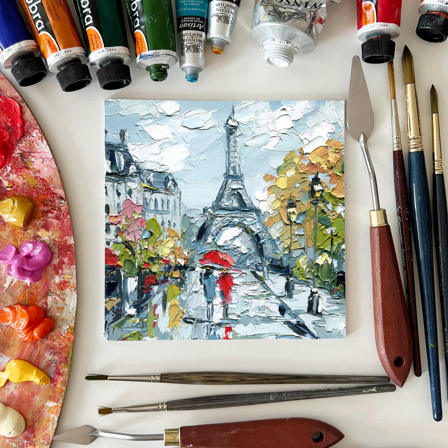 Paris Wall Art – Eiffel Tower Cityscape, Romantic Gift for Her, Travel Home Decor, Small 6x6 Original Impasto Oil Painting