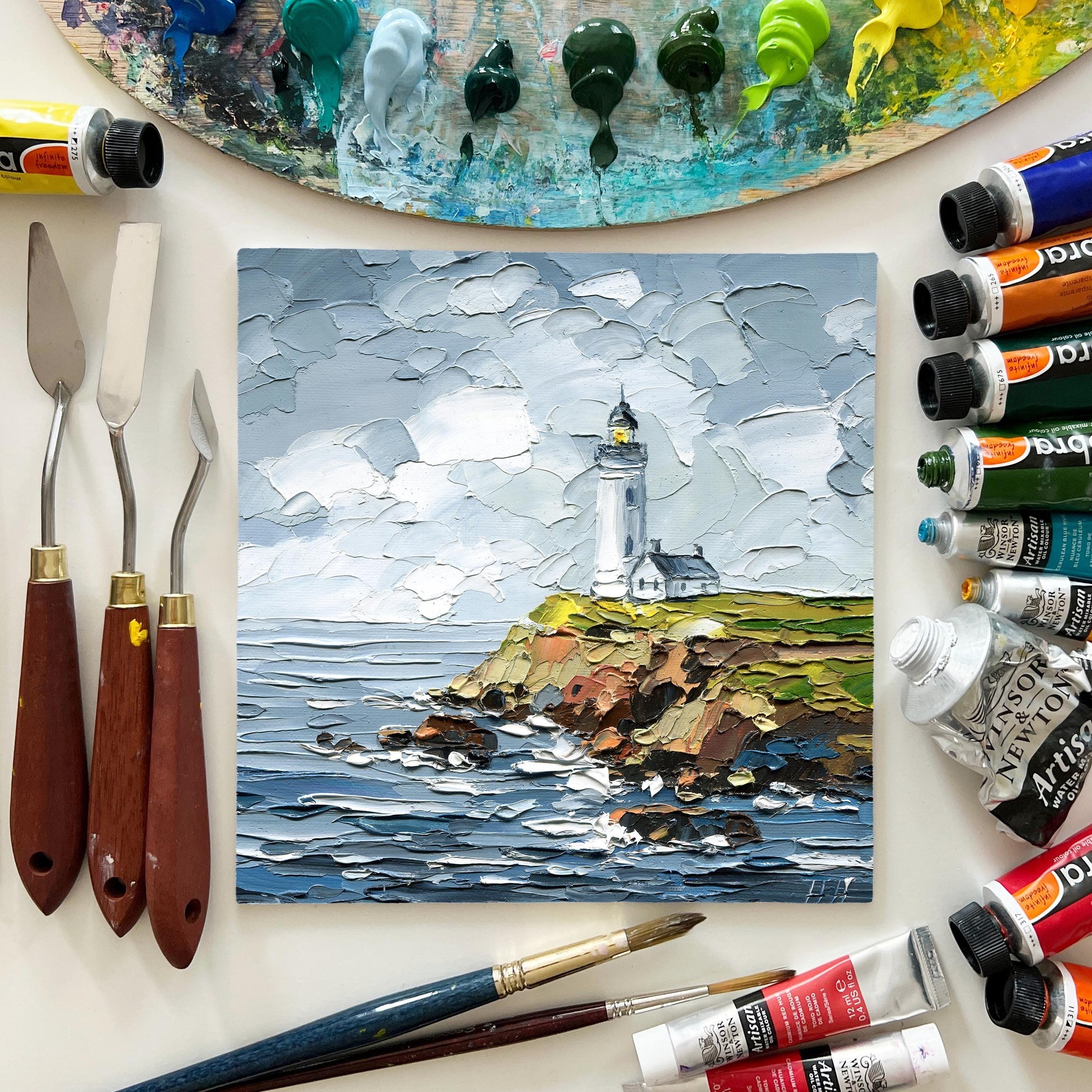 lighthouse Oil Painting: Pigeon Point Coastal Seascape Art, Original Rocky Cliffs, Impasto Ocean Waves