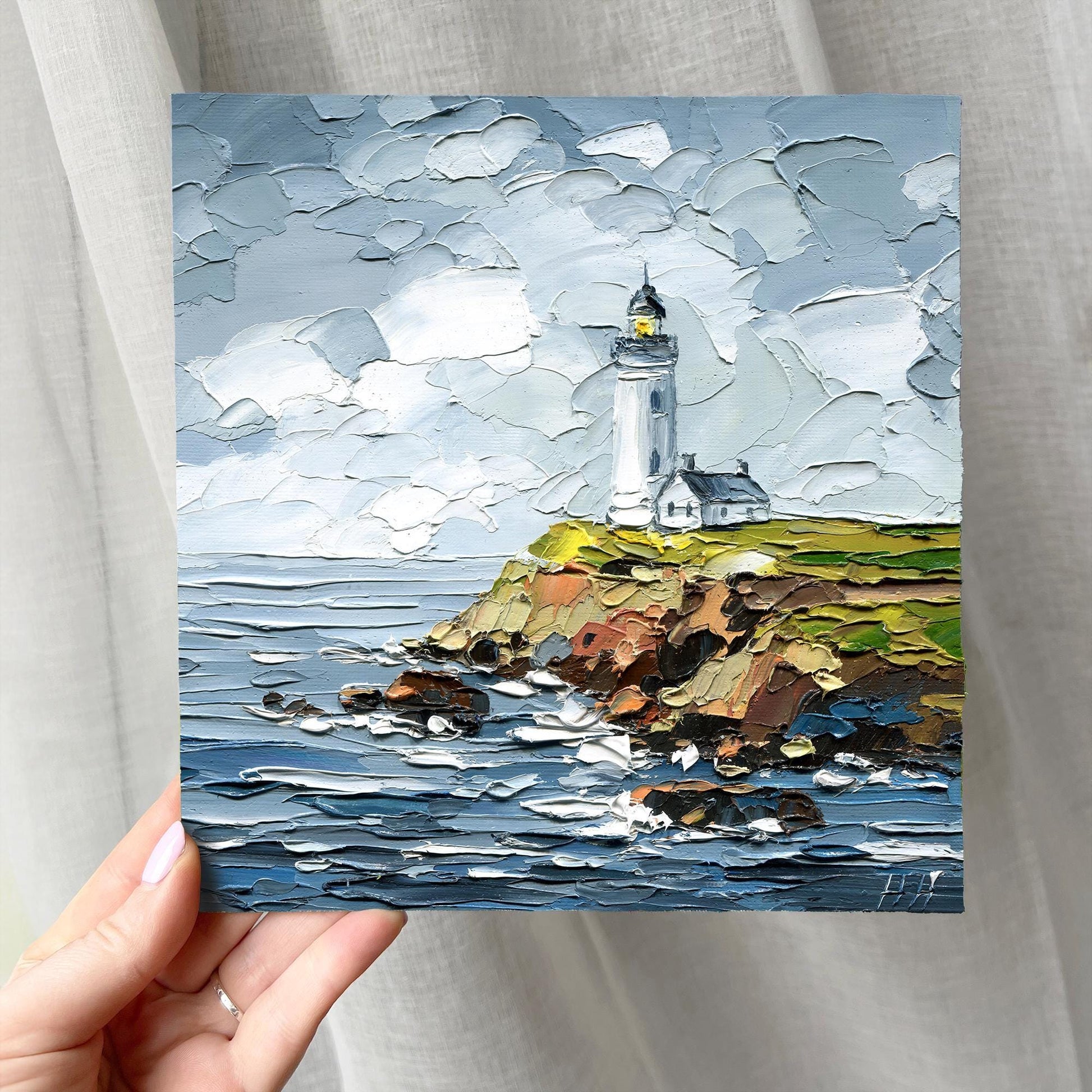 lighthouse Oil Painting: Pigeon Point Coastal Seascape Art, Original Rocky Cliffs, Impasto Ocean Waves