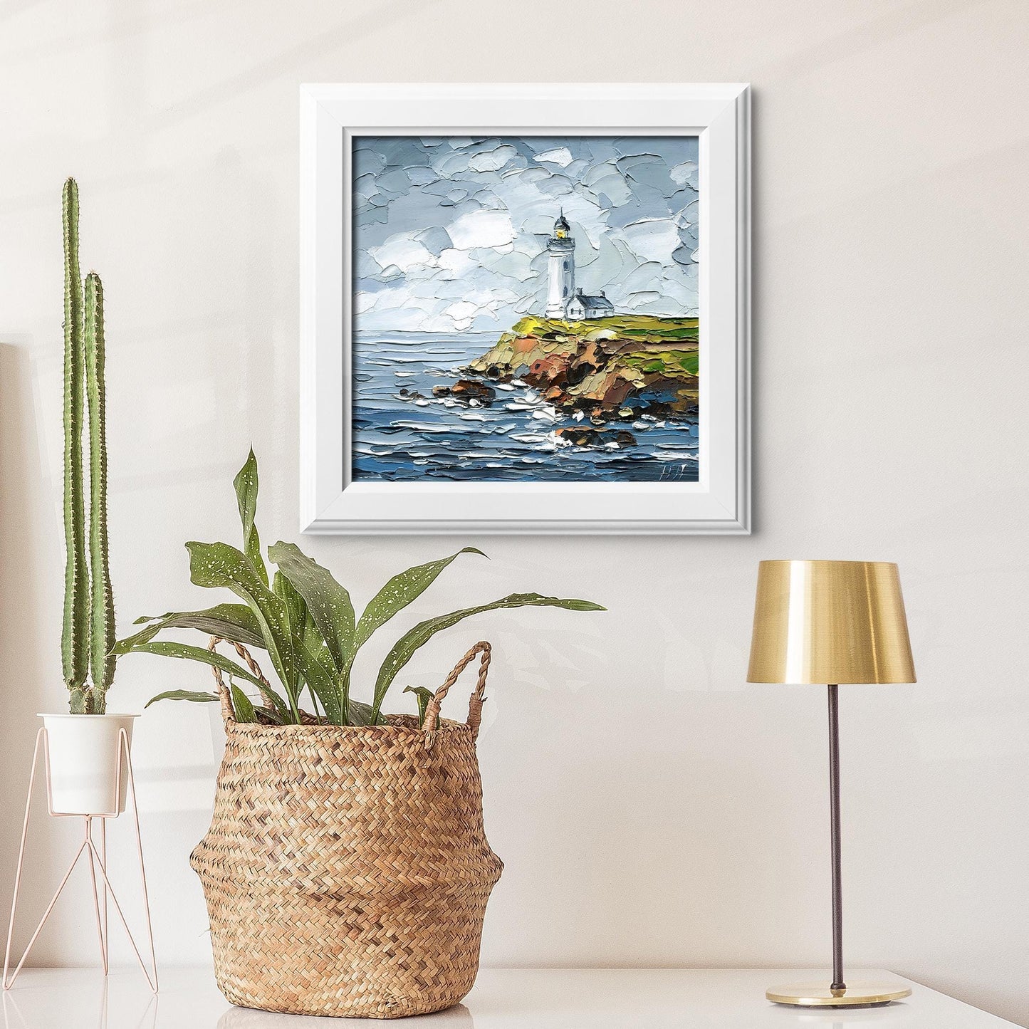 lighthouse Oil Painting: Pigeon Point Coastal Seascape Art, Original Rocky Cliffs, Impasto Ocean Waves
