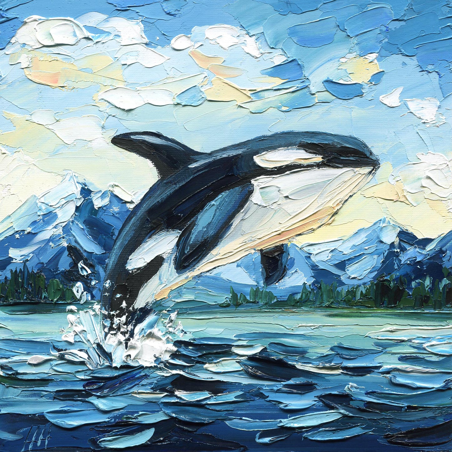 Original Orca Whale Art Oil Painting – Puget Sound Textured Palette Knife Ocean Lovers Gift