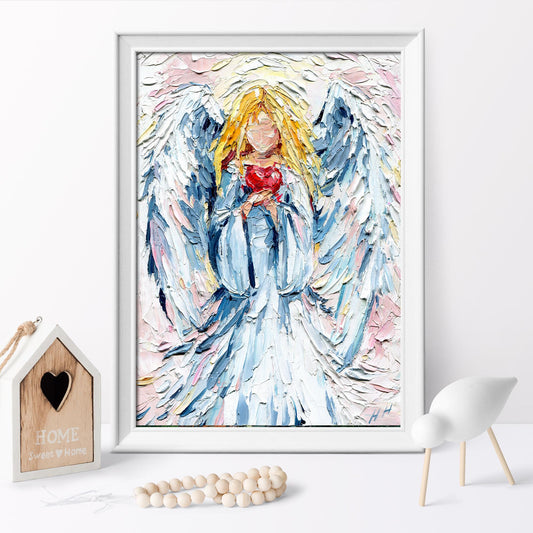 Guardian Angel Heart Oil Painting: Impasto Palette Knife Spiritual Art with Soft Pastel Tones