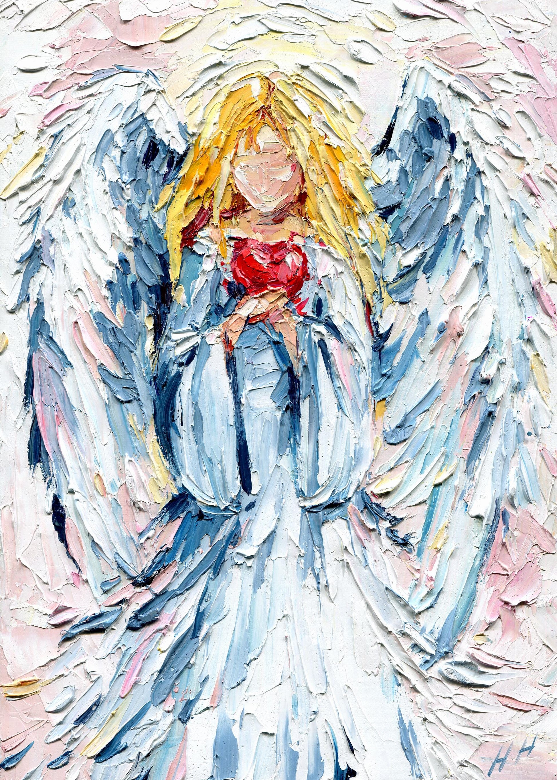 Guardian Angel Heart Oil Painting: Impasto Palette Knife Spiritual Art with Soft Pastel Tones