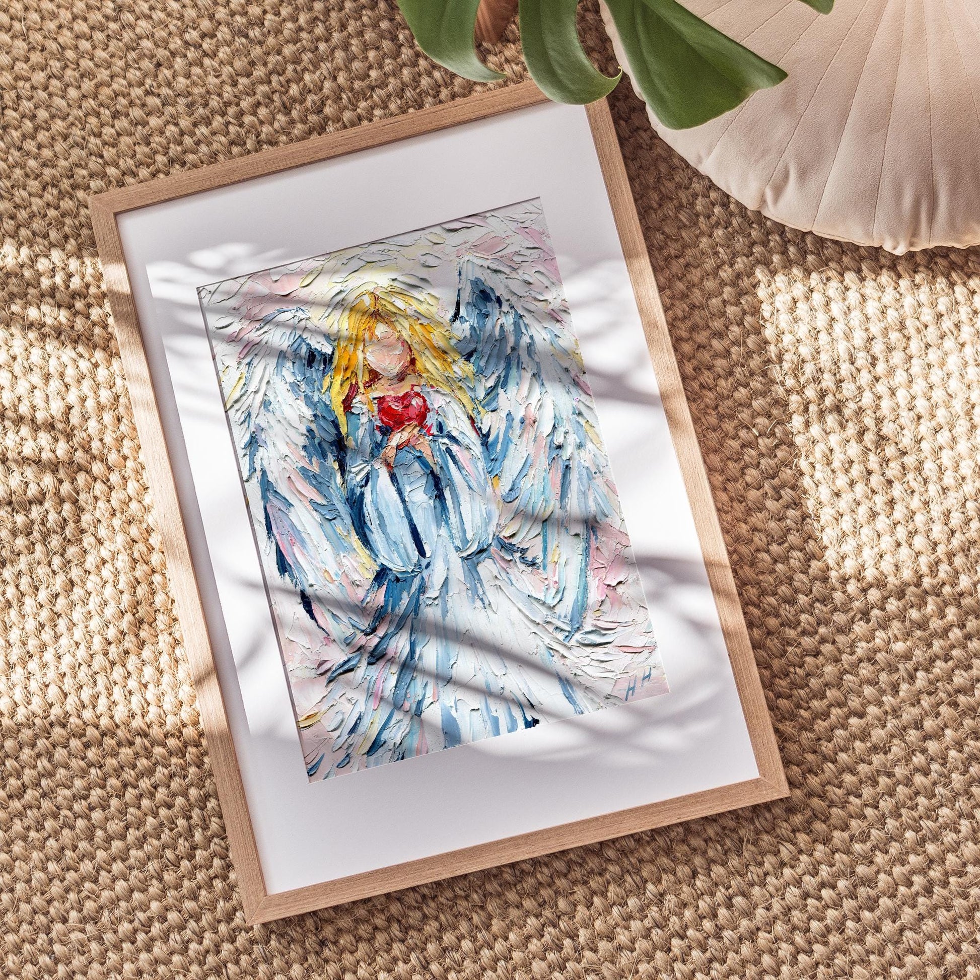 Guardian Angel Heart Oil Painting: Impasto Palette Knife Spiritual Art with Soft Pastel Tones