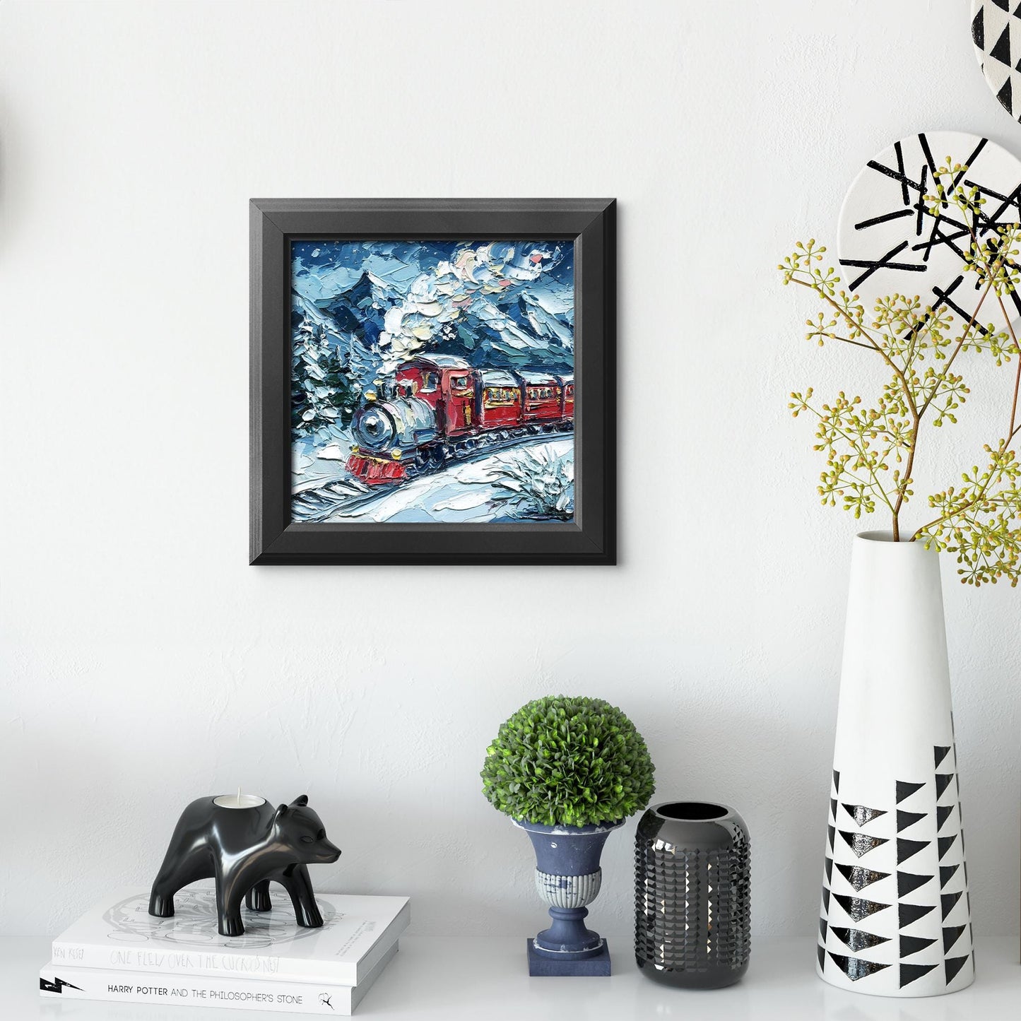 Christmas Train Painting – Winter Wall Art, Red Train Landscape, Holiday Home Decor, Christmas Gift, Small 6x6 Impasto Oil Painting