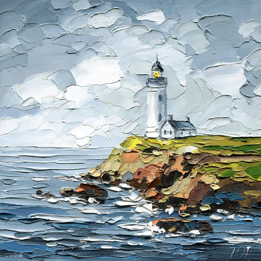 lighthouse Oil Painting: Pigeon Point Coastal Seascape Art, Original Rocky Cliffs, Impasto Ocean Waves