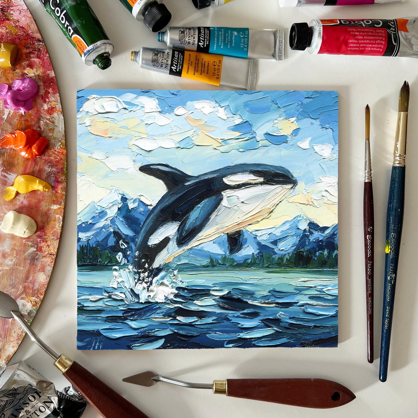 Original Orca Whale Art Oil Painting – Puget Sound Textured Palette Knife Ocean Lovers Gift
