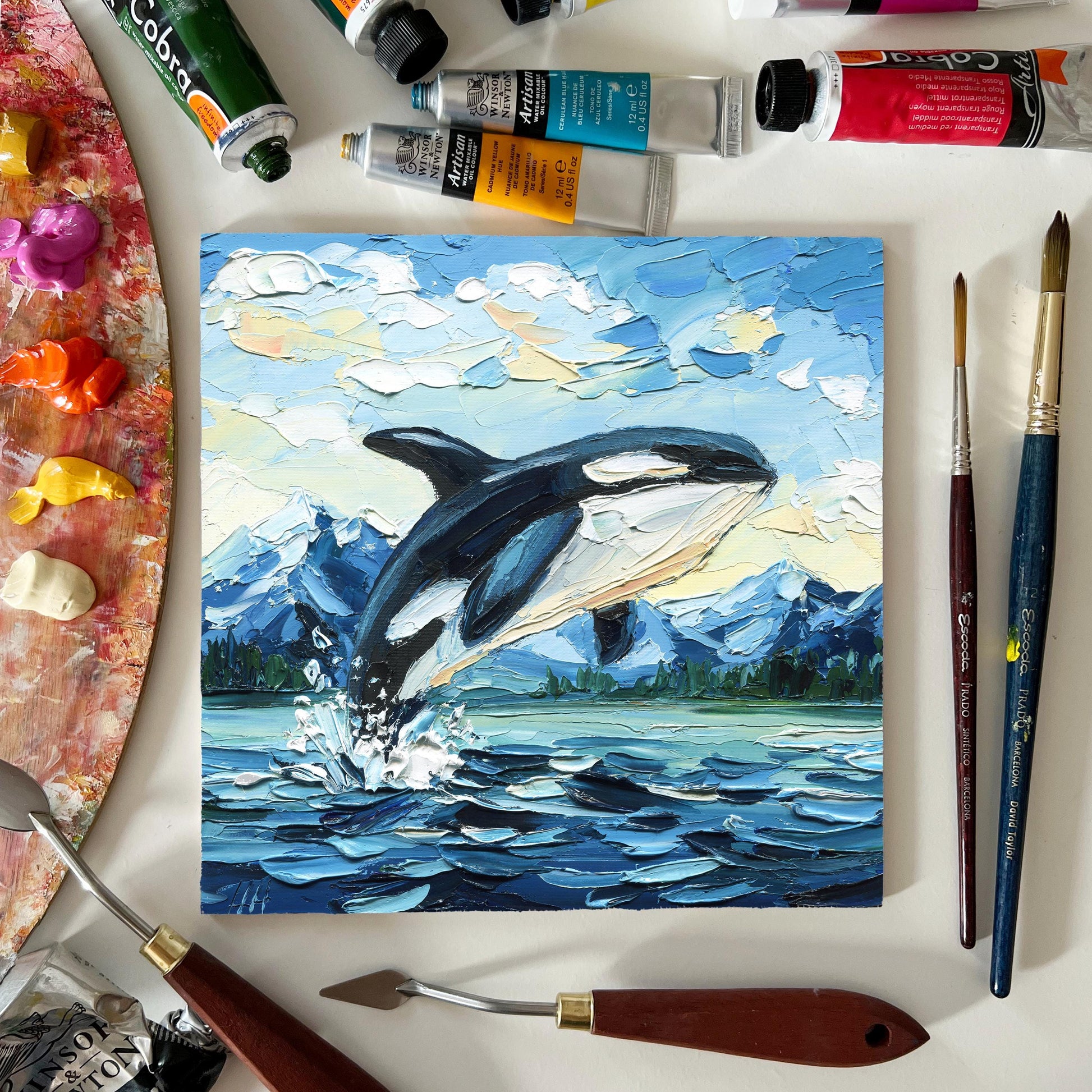 Original Orca Whale Art Oil Painting – Puget Sound Textured Palette Knife Ocean Lovers Gift