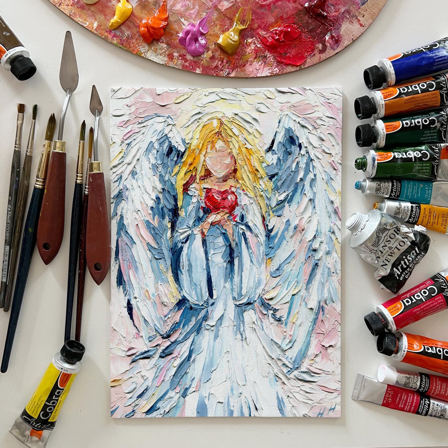 Guardian Angel Heart Oil Painting: Impasto Palette Knife Spiritual Art with Soft Pastel Tones