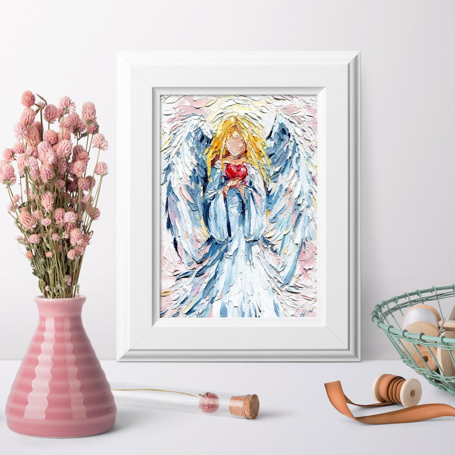 Guardian Angel Heart Oil Painting: Impasto Palette Knife Spiritual Art with Soft Pastel Tones