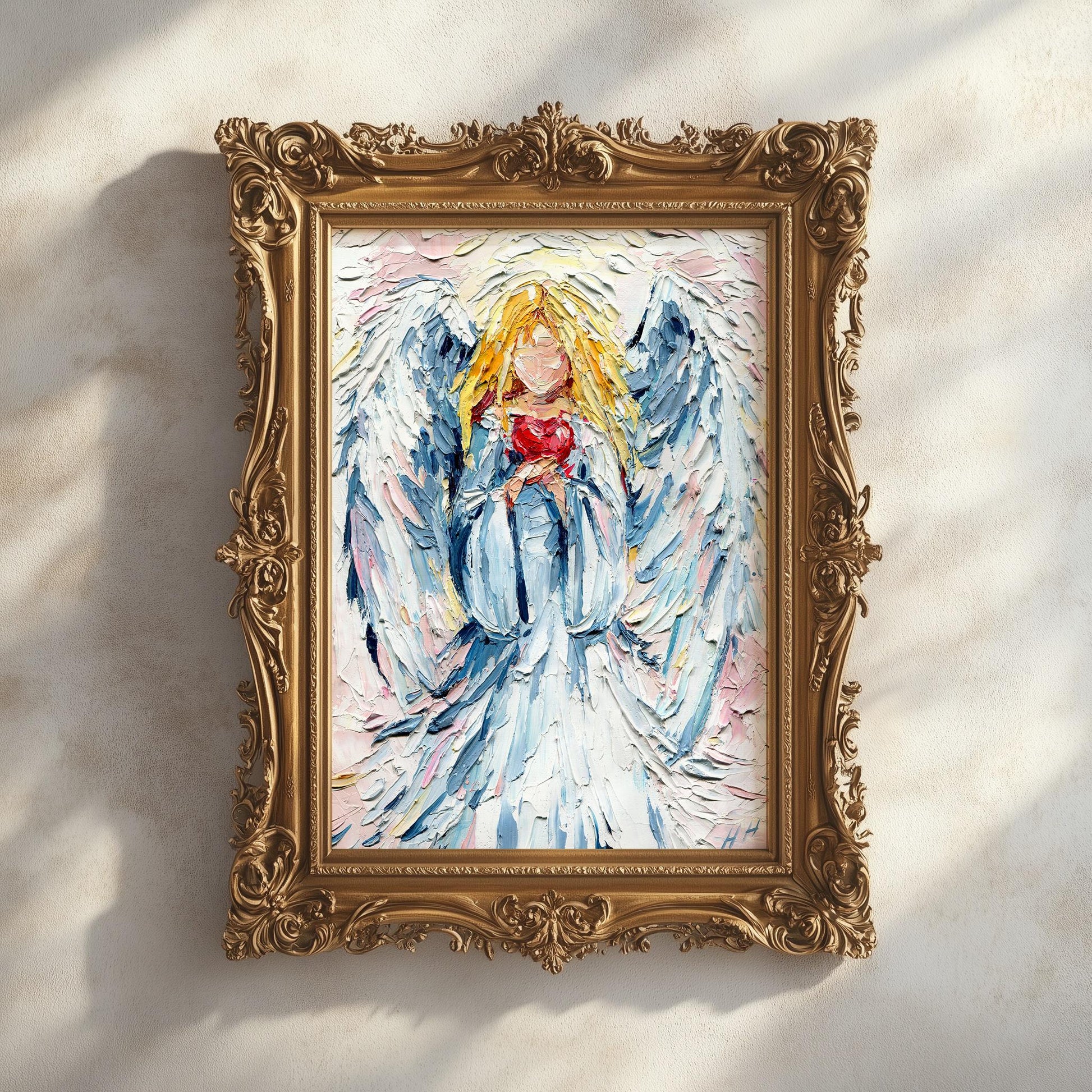 Guardian Angel Heart Oil Painting: Impasto Palette Knife Spiritual Art with Soft Pastel Tones