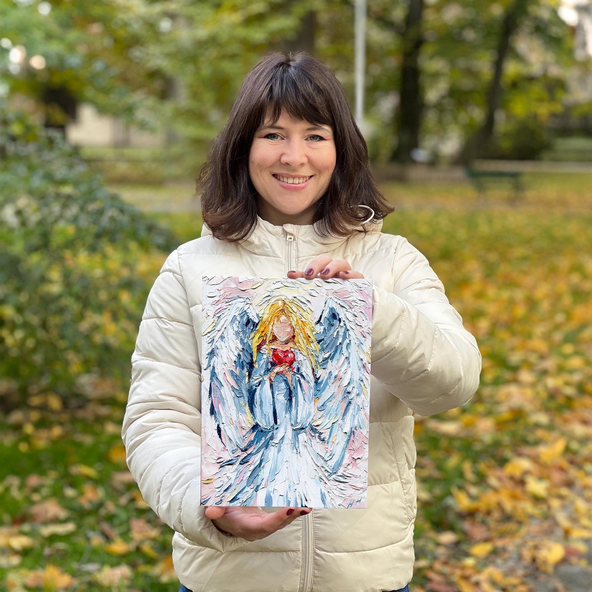 Guardian Angel Heart Oil Painting: Impasto Palette Knife Spiritual Art with Soft Pastel Tones