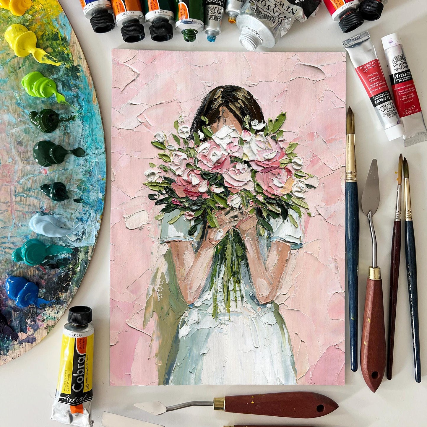 Romantic Floral Memory – Woman with Bouquet Original Oil Painting by Hanna Hryharenka