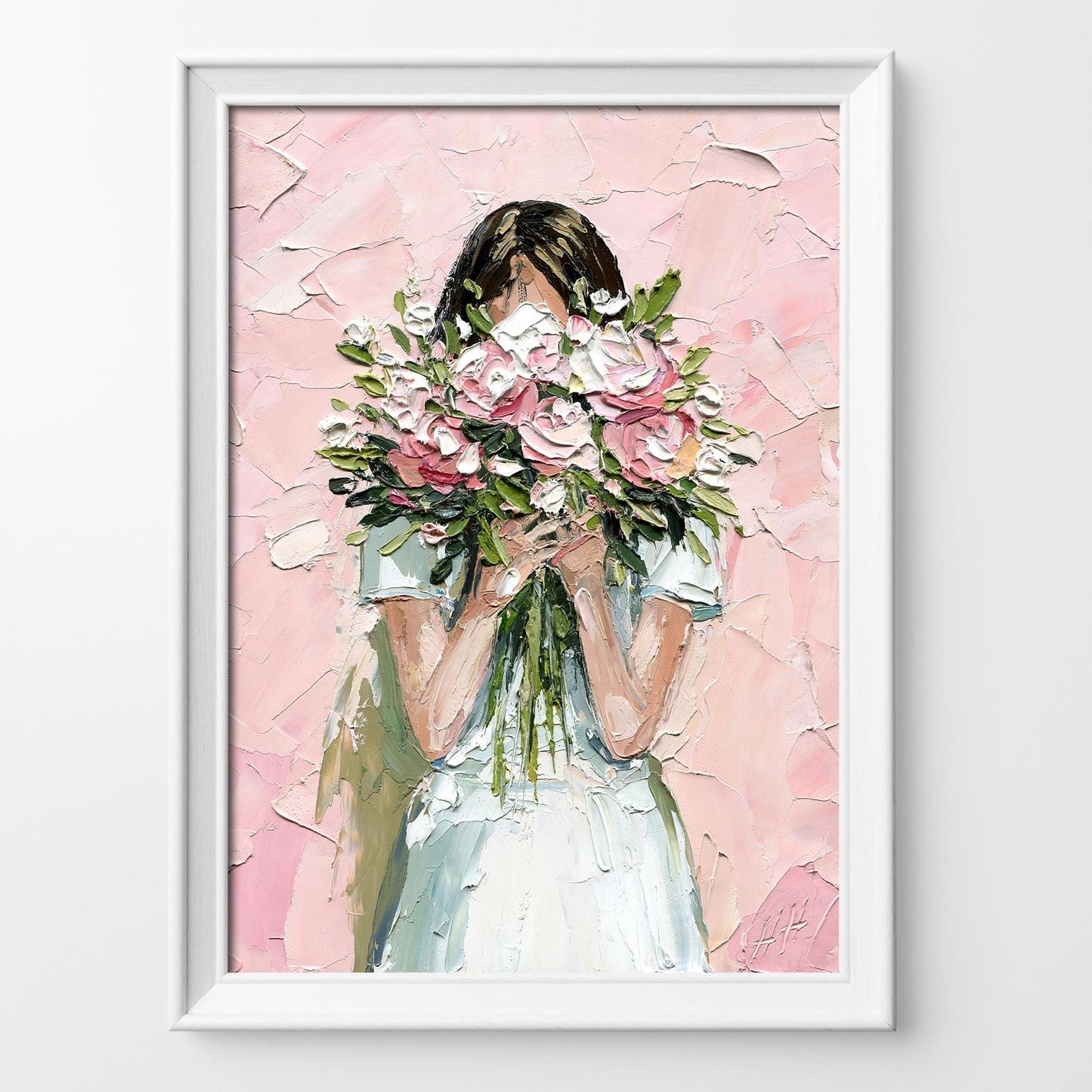 Romantic Floral Memory – Woman with Bouquet Original Oil Painting by Hanna Hryharenka