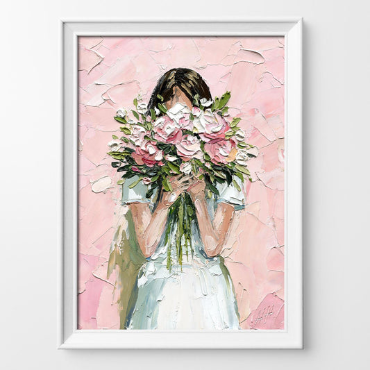 Romantic Floral Memory – Woman with Bouquet Original Oil Painting by Hanna Hryharenka