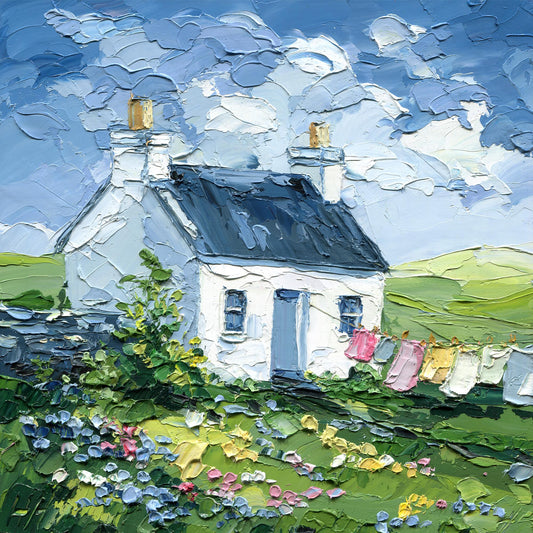Original Cottage Oil Painting: Impasto Irish House Landscape Art, Textured Countryside Decor