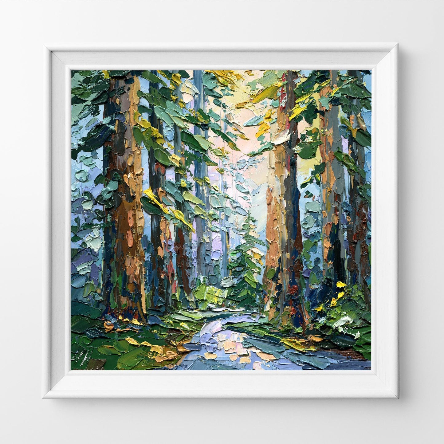 Redwood forest oil painting: sequoia landscape impasto art with palette knife texture woodland scene